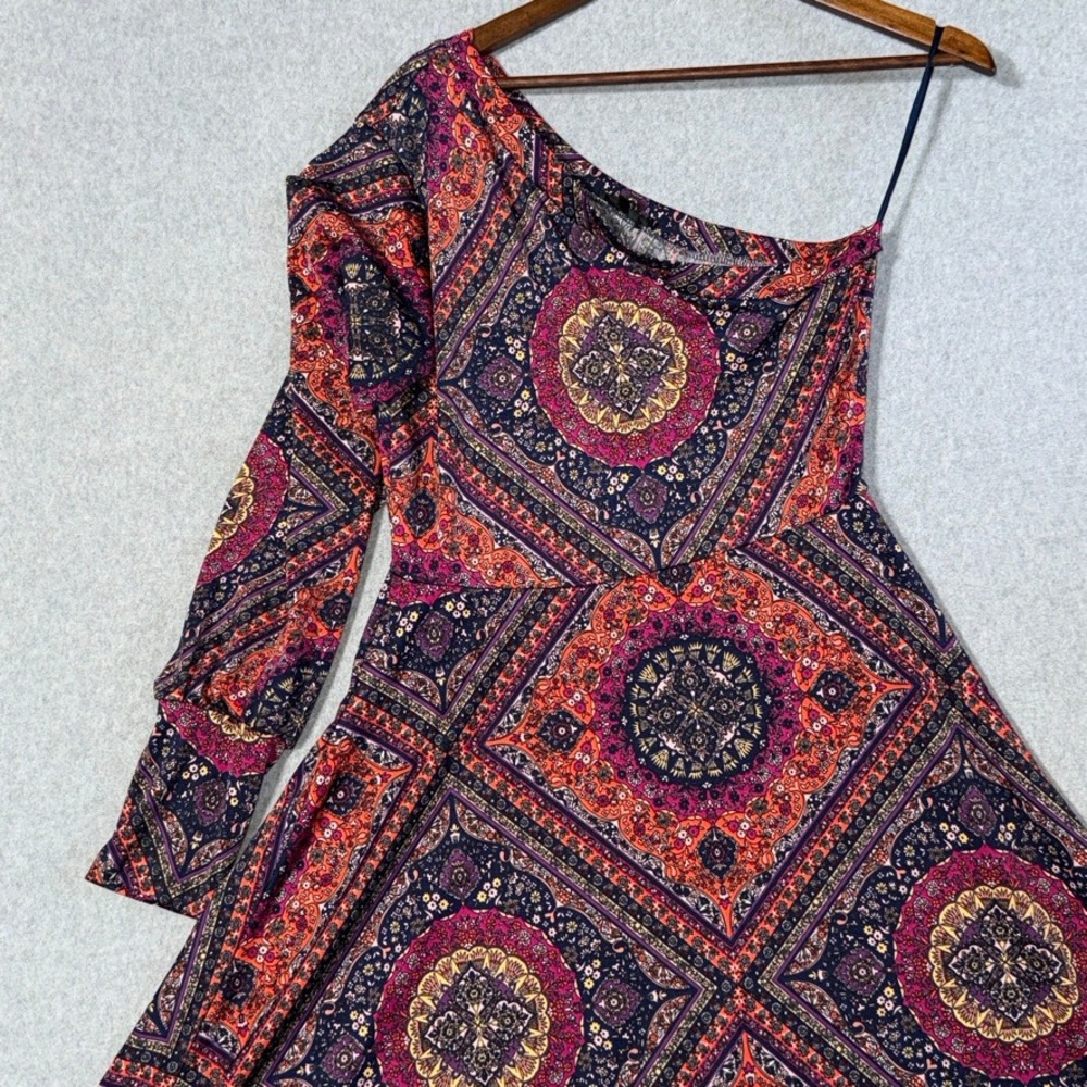 Love J Women XL One Shoulder Medallion Print Dress Multi-Color Boho Asymmetrical